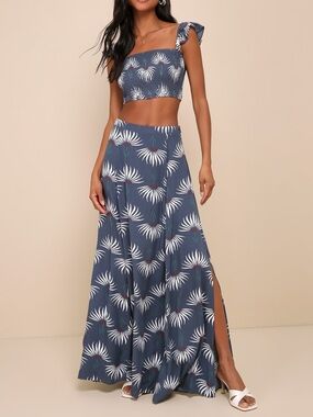 Lulus Trancoso Dusty Blue Floral Print Two-Piece Set Large